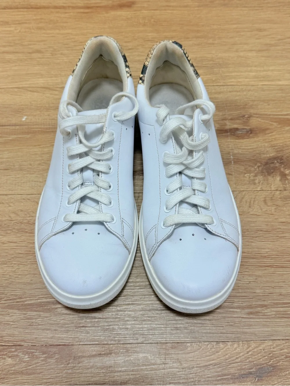 Tory Burch White Leather Lace-Up Sneakers with Patterned Heel Trim